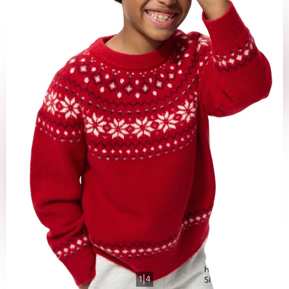 Uniqlo Kids Fair Isle Souffle Yarn Red Winter Knit Sweater Size 7–8